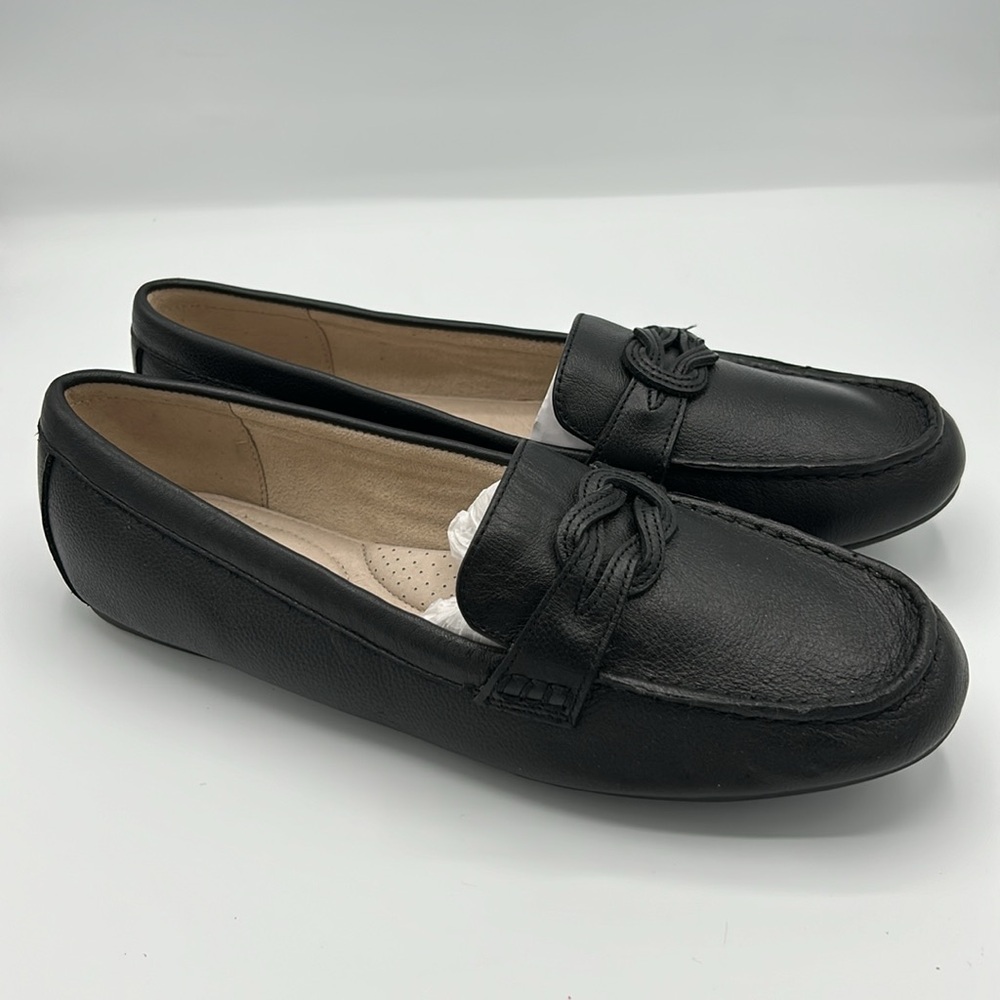 NWOT Lands End Black Leather Sailors Knot Skip On Loafers